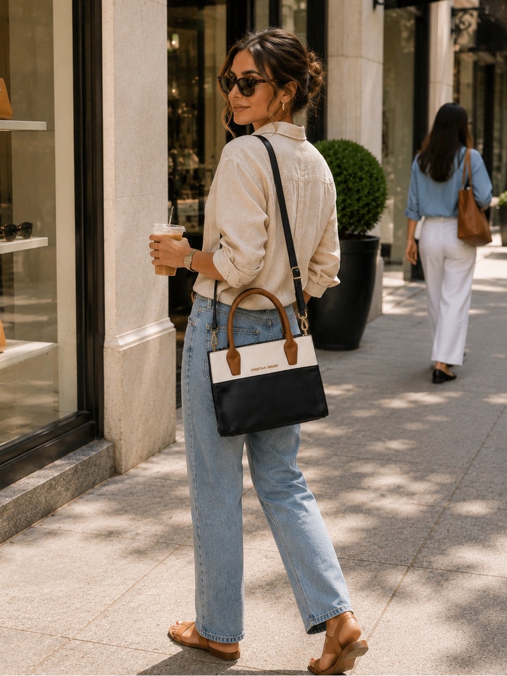 Christian Siriano Colorblock Satchel Crossbody Bag | Black, White & Camel